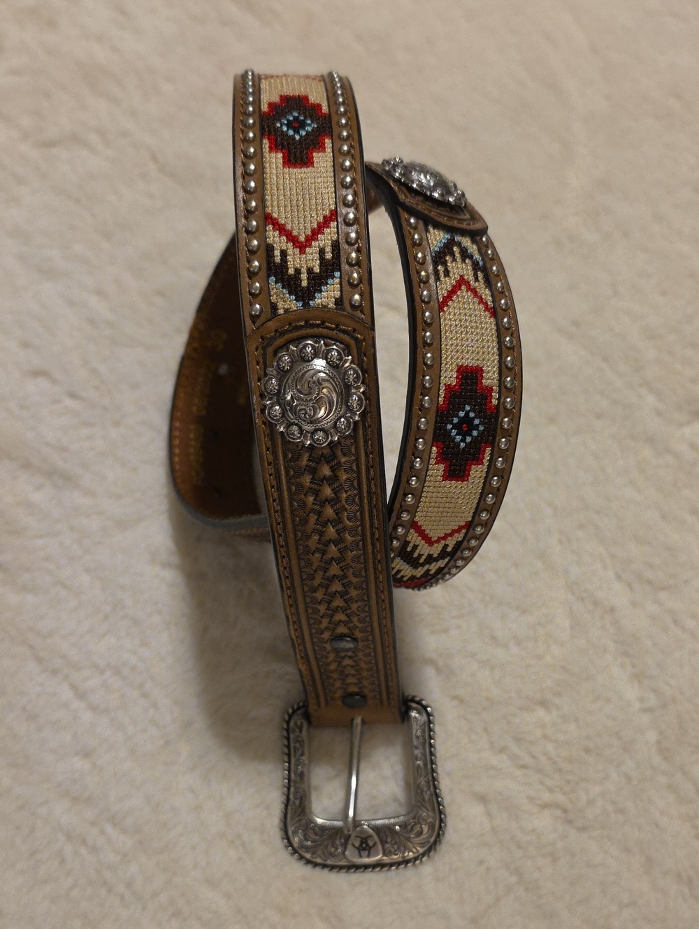 Embroidered Western-style Leather Belt in Tan and Cream
